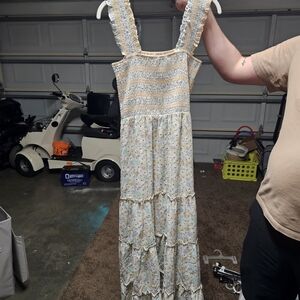 Floral Tiered Smocked Maxi Dress in Cream and Blue